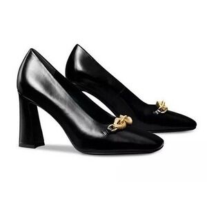 Tory Burch Jessa Pump 90mm Goat Leather 7 Black Block Heel Double Horse Head